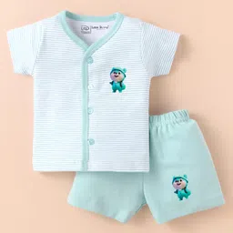 Little Darlings Interlock Knit Half Sleeves Shorts Night Suit with Animal Print & Stripes - Turquoise image 1