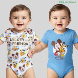 babyoye disney Babyoye Interlock Knit Half Sleeves Onesies With Foil Detailing Mickey & Friend Graphic Pack Of 2 - White & Light Blue-picture-35