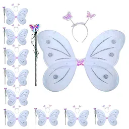 Kaku Fancy Dresses White Butterfly Wings with Hairband and Wand Stick For Kids - White-image-25