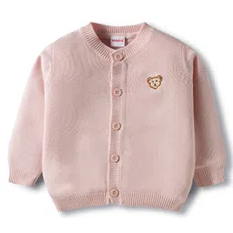 Babyhug Cotton Knit Full Sleeves Front Open Sweater with Lion Patch Design - Pink-picture-20