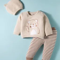 ToffyHouse Cotton Knitted Full Sleeves Winter Wear Sweatshirt & Lounge Pant with Cap Bear & Striped Design - Off White & Brown-image-50