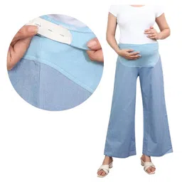 Mama & Bebe Chambray Woven Colour Blocked Maternity Flared Pant - Light Blue-image-12