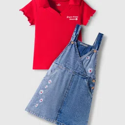 OLLINGTON ST. 100% Cotton Knit Half Sleeves Polo T-Shirt & Denim Pinafore Frock with Floral Embroidery - Red & Blue-picture-27