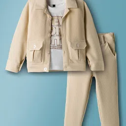Robo Fry Cotton Woven Full Sleeves Jacket T-Shirt & Trouser Set With Pockets Text Print - Cream & White-picture-13