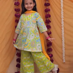 AJ Dezines Cotton Woven Three Fourth Sleeves Floral Printed & Gota Lace Embellished Kurti Palazzo With Dupatta Set - Green-image-21