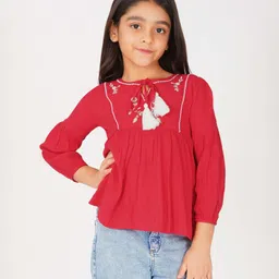 Creative Kids Viscose Rayon Woven Three Fourth Sleeves Floral Embroidered Peplum Top - Red & White-picture-11