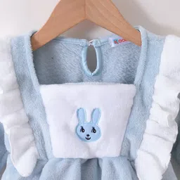 Kookie Kids Full Sleeves Winter Wear Night Suit with Bunny Embroidery & Lace Detailing- Light Blue image 3