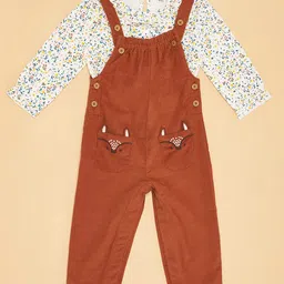 Pantaloons Baby Cotton Woven Deer Embroidered Dungaree & Full Sleeves Tee Set - Rust Orange image 4