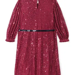 Hola Bonita Sequin Embroidered Long Puff Sleeve Party Dress - Maroon image 4