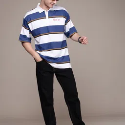 Moda Rapido Pure Cotton Striped Polo Collar Drop-Shoulder Sleeves T-shirt image 3