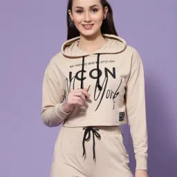 KASSUALLY Beige Graphic Print Crop Hoodie-picture-41