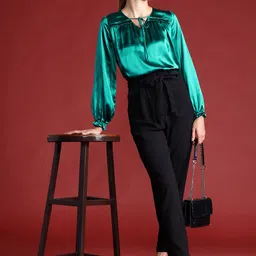 All About You Formals Puff Sleeve Ruffled Satin Finish Top with Tie-Up Detail image 4