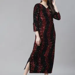 Cottinfab Black & Red Embellished Print Net Dress-picture-12