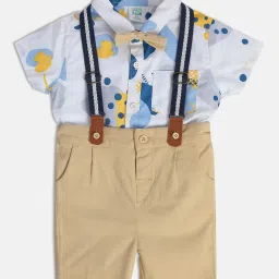 MINIKLUB Kids White & Beige Printed Shirt, Shorts, Bow with Suspender image 5