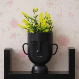 eCraftIndia Black & Green Plastic Human Face Shaped Vase with Artificial Plant image 5