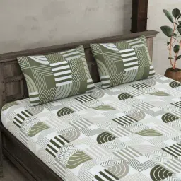 JaipurFabric Off White & Green Cotton 280 TC Maze King Size Bedsheet with 2 Pillow Covers image 4