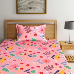 Myntra Elegant Homes Peach-Coloured Floral Printed 300 TC Single Bedsheet Set 2.2 x 1.5 m image 4