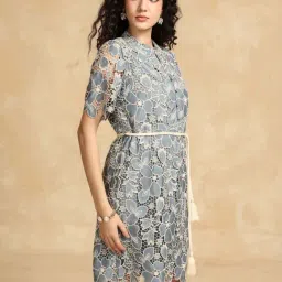 KAZO Blue Self Pattern Casual Dress-image-30