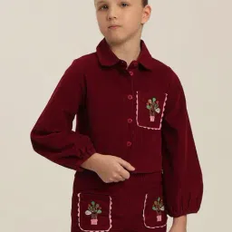 VERO MODA GIRL Oxblood Red Cotton Embroidery Shirt-image-7