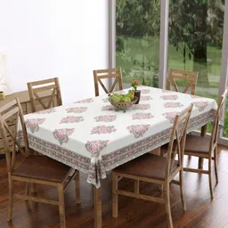 Texstylers White & Grey Floral Printed Rectangular Anti-Slip Cotton 6-Seater Table Cover image 5
