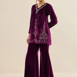 Antheaa Embellished Velvet V-Neck Tunic & Trousers Co-Ords image 3