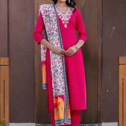 Navlik Floral Embroidered V-Neck Thread Work Kurta With Trousers & Dupatta-picture-22