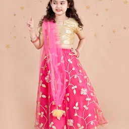 Pspeaches Short Sleeves Sequins Embellished Choli & Floral Zari Embroidered Lehenga With Dupatta Set - Gold & Magenta-picture-35