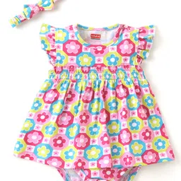 Babyhug 100% Cotton Knit Half Sleeves Onesies with Hair Band Floral Print - Multicolor-picture-12
