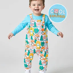 Babyhug Single Jersey Knit Full Sleeves Text & Animal Printed T-Shirt & Dungaree - Light Blue-picture-21