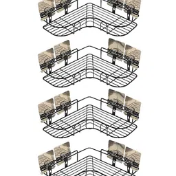 MOMISY Wall Mounted Self Adhesive Corner Shelf for Bathroom Corner/Kitchen Rack Holder with Magic Sticker/Bathroom Organizer without Drill (4, L shape Black)-image-86