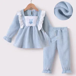 Kookie Kids Full Sleeves Winter Wear Night Suit with Bunny Embroidery & Lace Detailing- Light Blue-picture-13