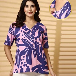 Zelena 100% Cotton Half Sleeves Floral Printed Maternity Zipless Feeding Top With Nursing Access - Purple & Pink-image-20