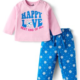Doodle Poodle Single Jersey Knit Full Sleeves NightsuitWith Happy Love & Floral & Text Print - Pink & Blue-picture-20