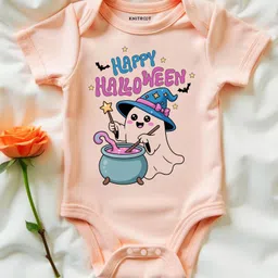 KNITROOT Halloween Theme Cotton Lycra Knit Half Sleeves Happy Halloween Text Printed Onesie - Peach-picture-29