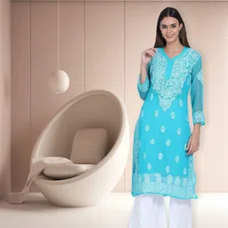 PARAMOUNT CHIKAN Women Ethnic Motifs Embroidered Chikankari Georgette Kurta-picture-32