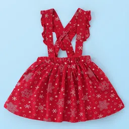 Babyhug Cotton Knit Full Sleeves Skivi Top and Skirt with Suspenders Snow Flake Print - White & Red image 5