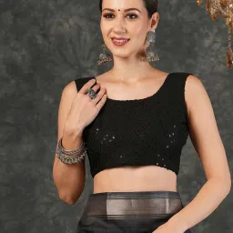 Satrani Black Cotton Silk Printed Saree With Unstitched Blouse image 5