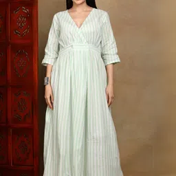 Moda Rapido Striped V-Neck Pure Cotton Maxi Dress-picture-33
