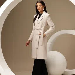 CHEMISTRY Double-Breasted Suede Finish Paneled Overcoat With Belt image 2