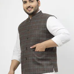 plusS Mandarin Collar Checked Woven Nehru Jacket image 4
