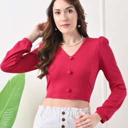 BAESD Puff Sleeve Solid V-Neck Crop Top-picture-15