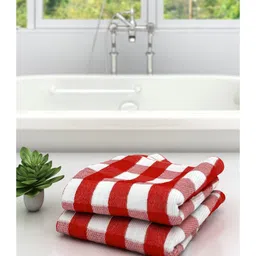 Athom Living 100% Premium Cotton Bath Towel Big Check Print Pack Of 2 - Red-image-92