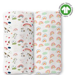 mom's home Moms Home Organic Cotton Supersoft Baby Muslin Swaddle Rainbow Printed Pack of 2 - White-picture-37
