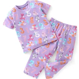 Babyhug Single Jersey Knit Half Sleeves Night Suit Animal Print - Lavender-picture-10