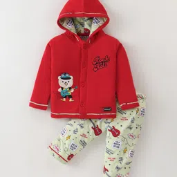Little Darlings Quilted Cotton Full Sleeves Hooded Winter Night Suit With Teddy Embroidery - Red-image-17