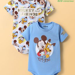 babyoye disney Babyoye Interlock Knit Half Sleeves Onesies With Foil Detailing Mickey & Friend Graphic Pack Of 2 - White & Light Blue-picture-10