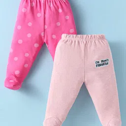 Ben Benny 100% Cotton Knit Full Length Footed Leggings with Polka Dots & Text Print Pack of 2 - Dark Pink & Baby Pink-image-72