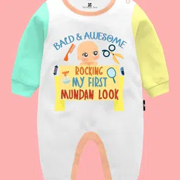 The Peppy Tend 100% Cotton Mundan Theme Full Sleeves Rocking My First Mundan Look Text Printed Romper - Multi Colour-picture-40