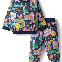 Babyhug Terry Knit Full Sleeves Top & Lounge Pant Co-Ord Set With Animal & Floral Print - Navy Blue-picture-33