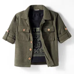 Rikidoos Full Sleeves Solid Ribbed Shirt With Tee - Green & Black-picture-13